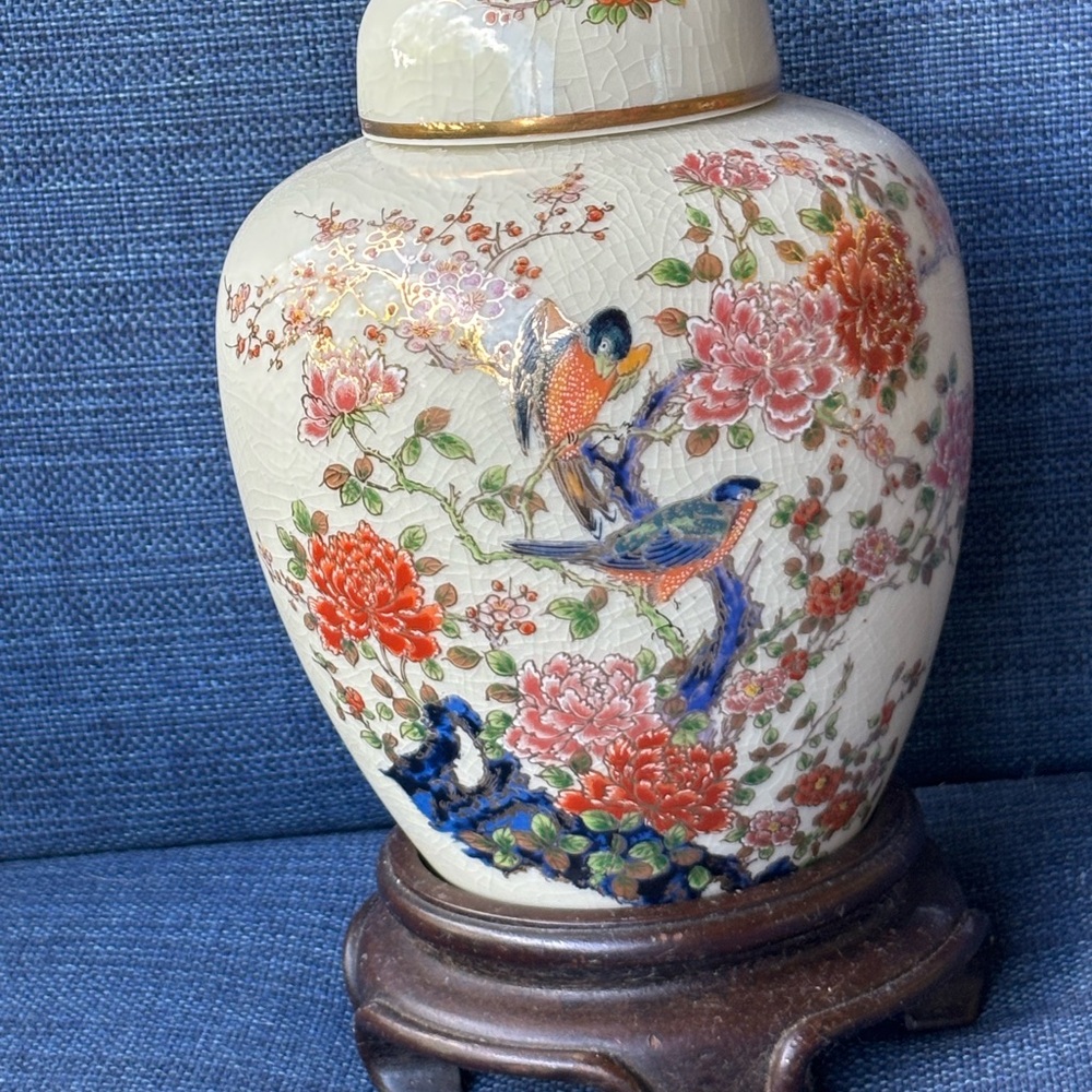 Satsuma Japan 6" Jar/Vase  Colorful Flowers, Birds ,gold trim Vintage